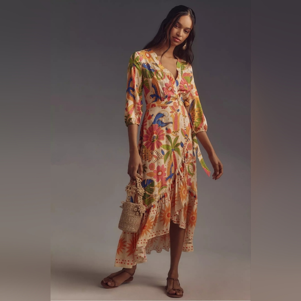 NWT ANTHROPOLOGIE | Farm Rio Long-Sleeve V-Neck Wrap Midi Dress